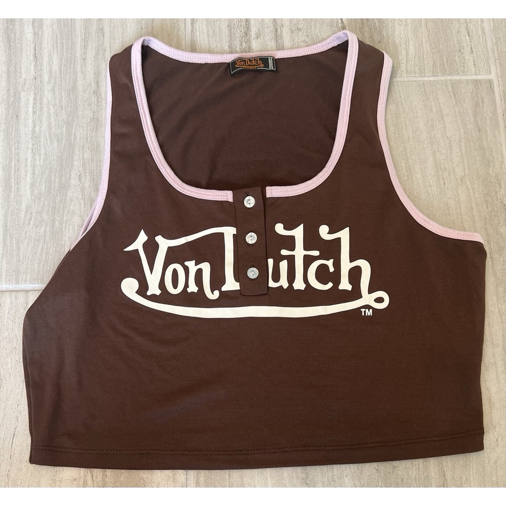 NEW Von Dutch Chocolate Brown Pink Trim Crop Top Size M Y2K